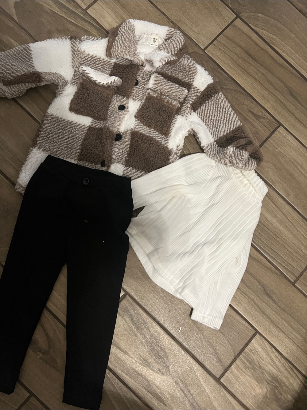 SHEIN Brown & White Plaid Sherpa Button-Up Shacket